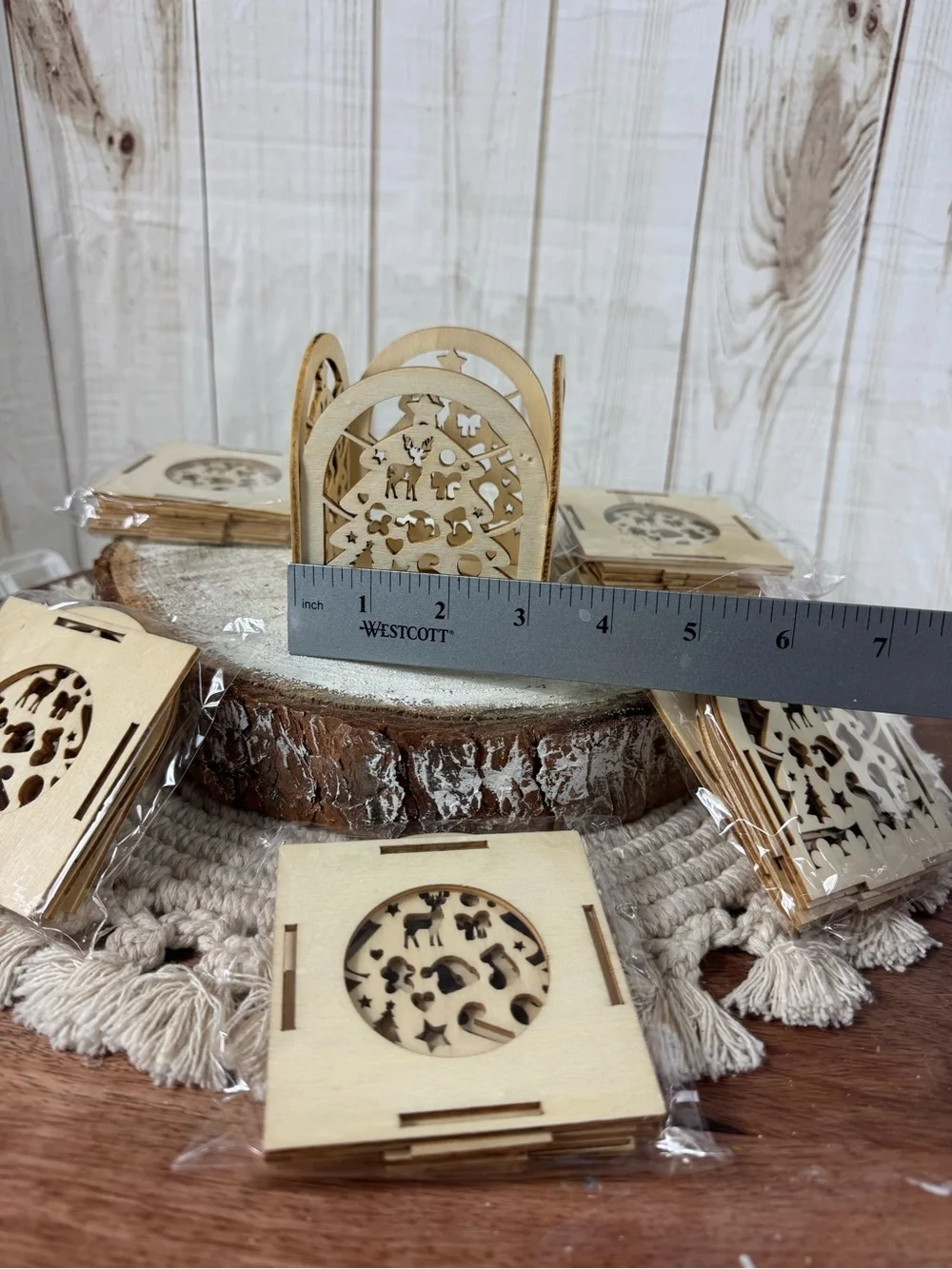 Wood carved Christmas tea light candle box winter scence (set of 6).